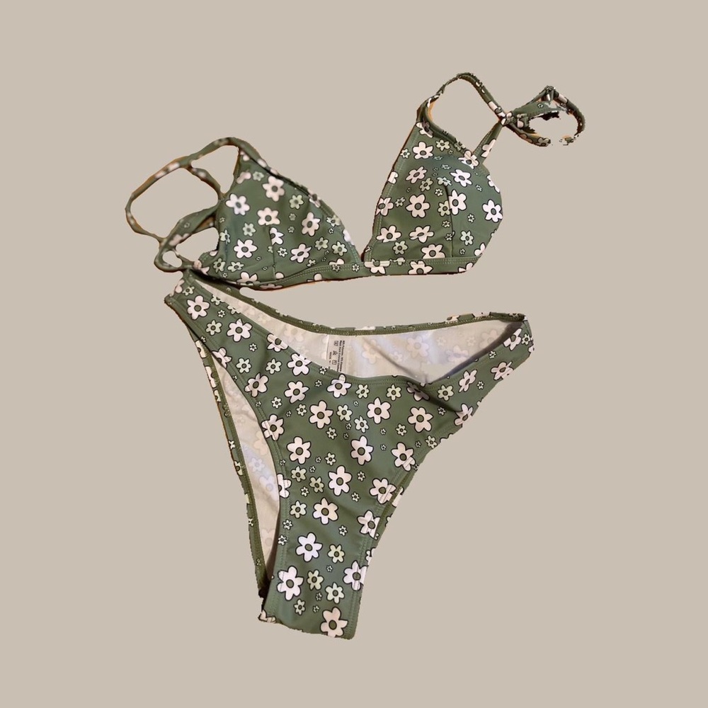 green and white floral bikini